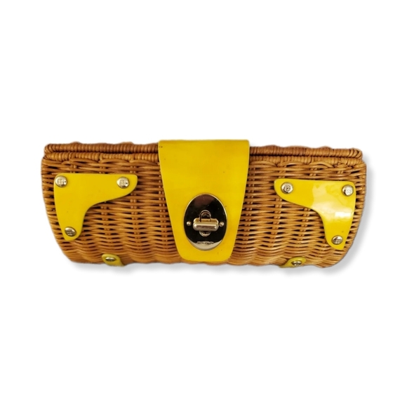 Kate Spade Clutch, natural wicker with patent leather trim. Light gold hardware. - Picture 3 of 5